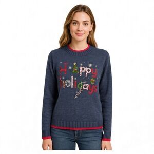 Tiara International Sweater Women Happy Holiday Embroidered Beaded Mock Neck XL